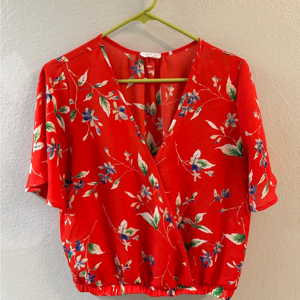 Red Floral Wrap-Front Women’s Top
